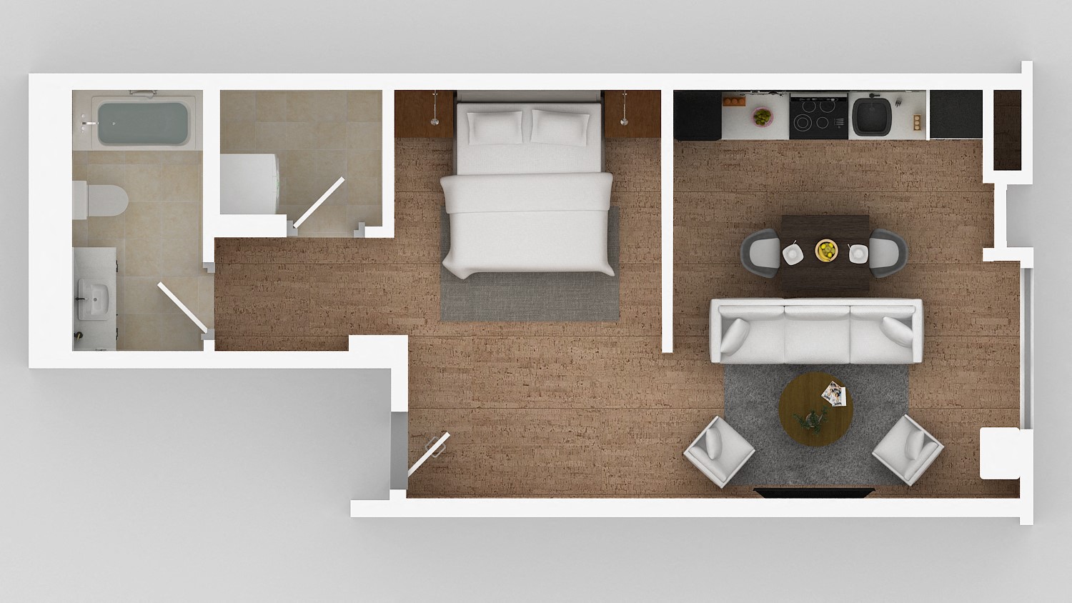 Floor plan for 1 bed, 1 bath, 559 sqft